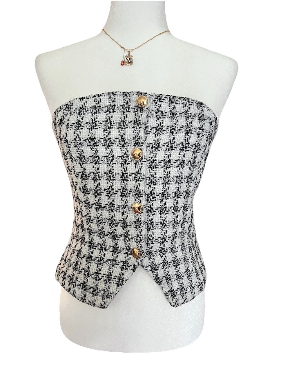 Women's Sincerely Jules Size Small Strapless Checkered Blouse Gold Buttons